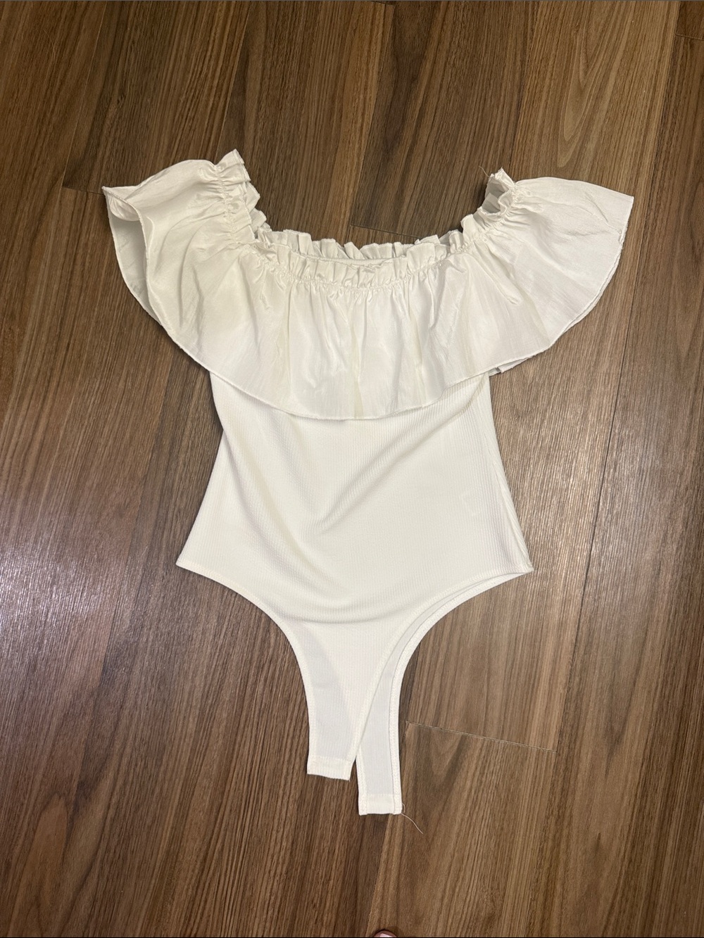 Off-Shoulder Ruffle One-Piece Bodysuit in White